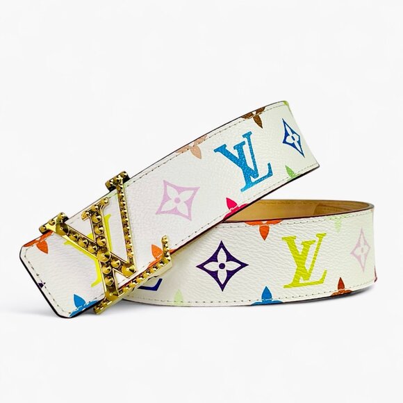 LOUIS VUITTON Murakami Monogram Multicolor Studded LV Initiales Belt 90 36 White - Picture 1 of 15